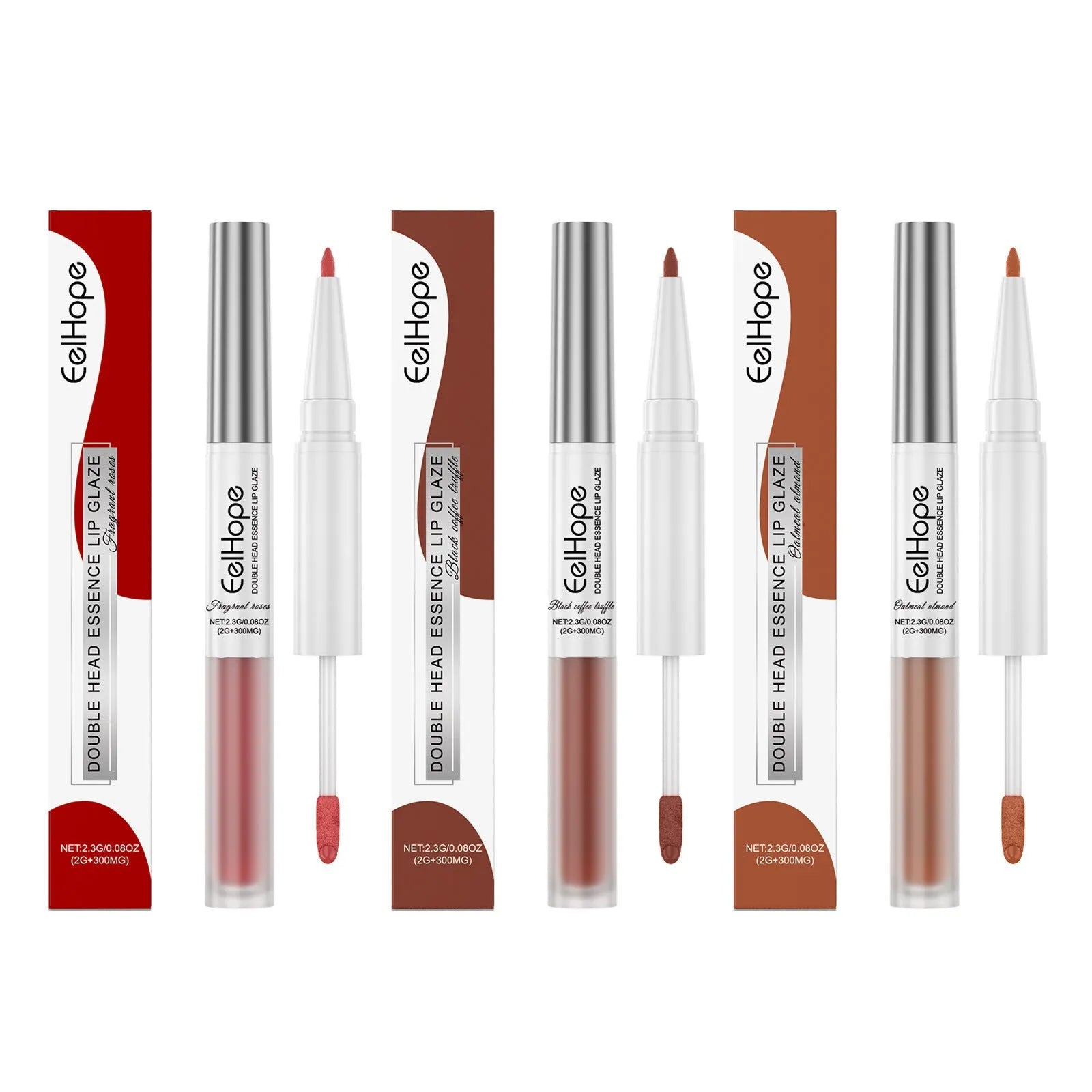 Dual-ended lip liner and lacquer pen showing two applicator tips and three colour shade options.