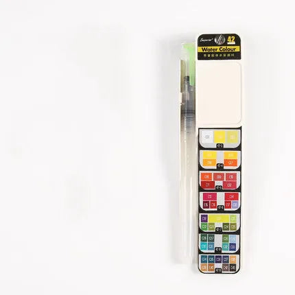 Fan-shaped foldable solid watercolour paint kit with transparent plastic box showing colour selection options