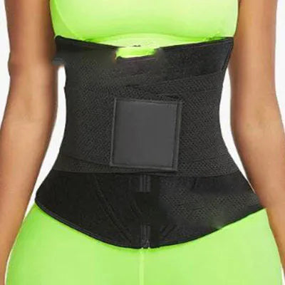 Sport double belt compression belly corset in black spandex with adjustability for waist training