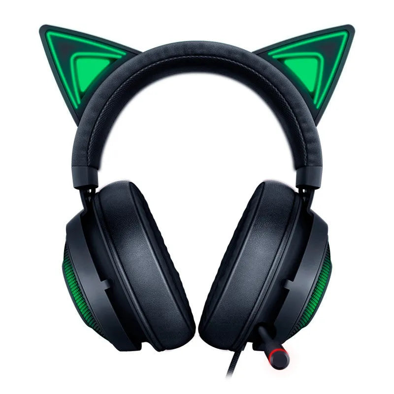 Pink glowing cat earphones with colourful LED lights on ear cups, wired USB connection