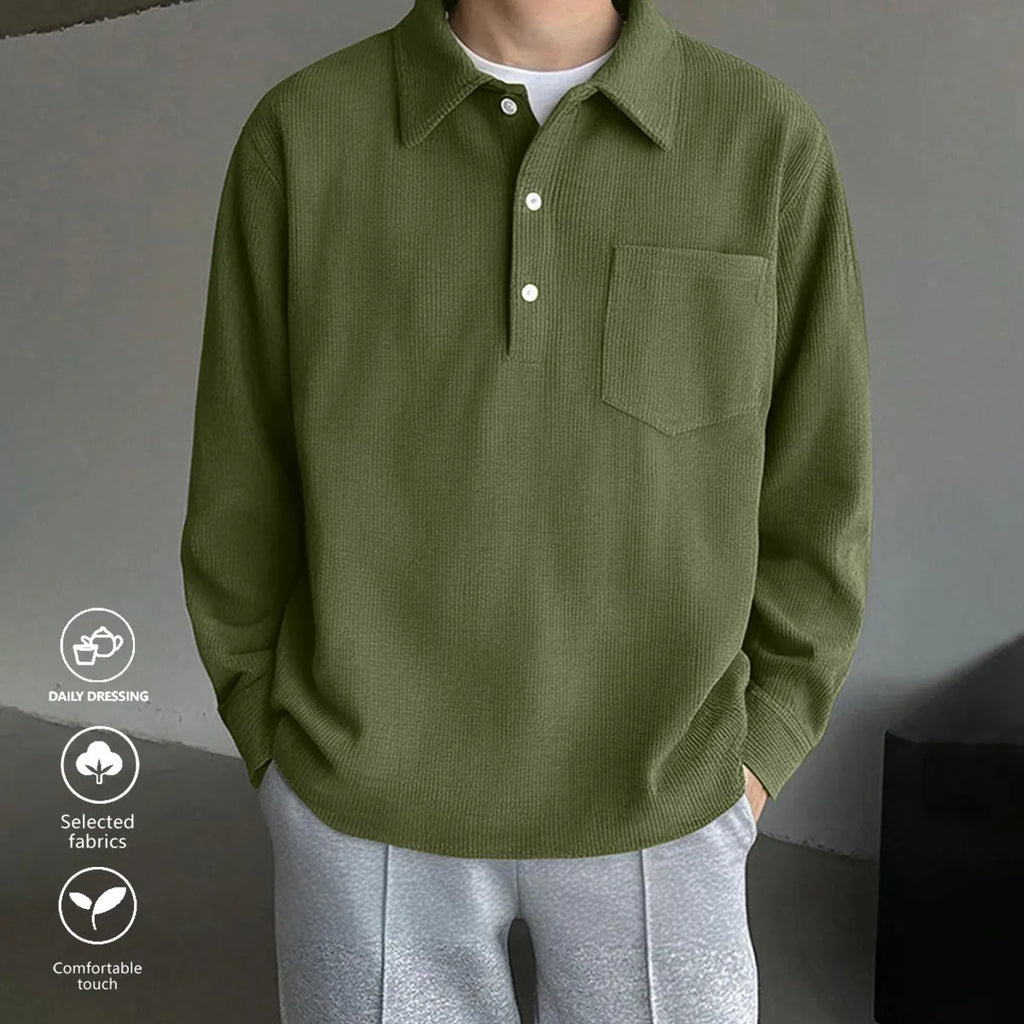 American retro casual pullover shirt in loose fit, polyester, available in black, dark gray, and green, sizes S to XXL