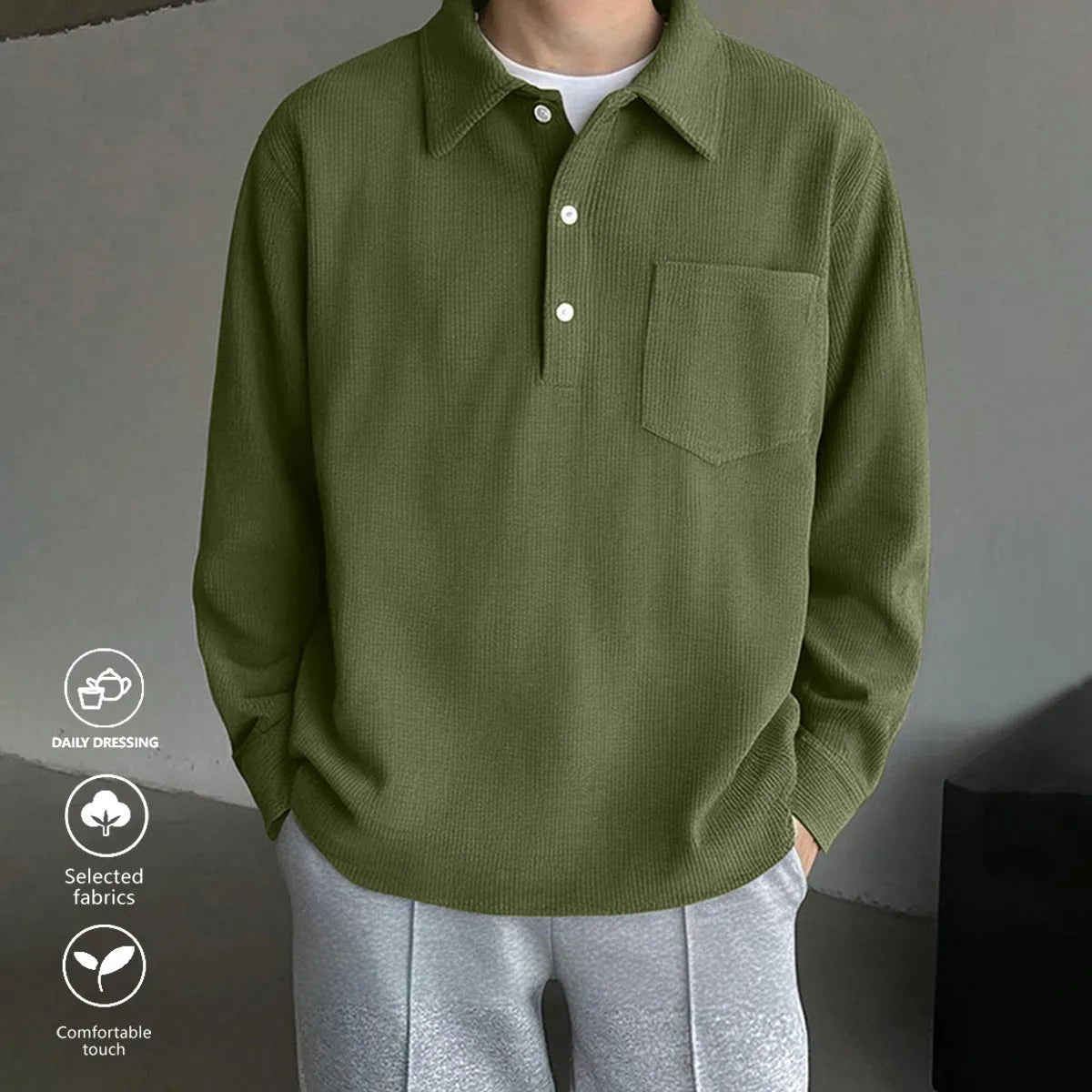 American retro casual pullover shirt in loose fit, polyester, available in black, dark gray, and green, sizes S to XXL
