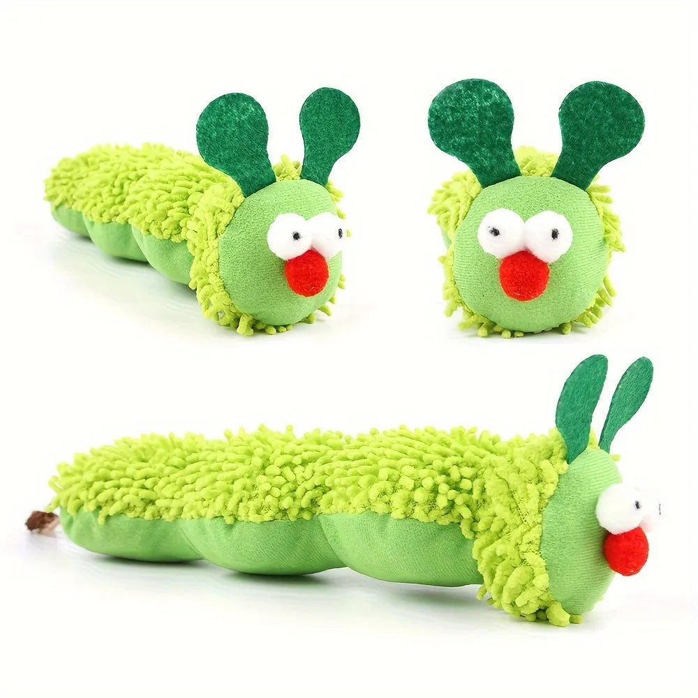 Green interactive cat toy pillow with rechargeable electronic mechanism and soft plush fabric