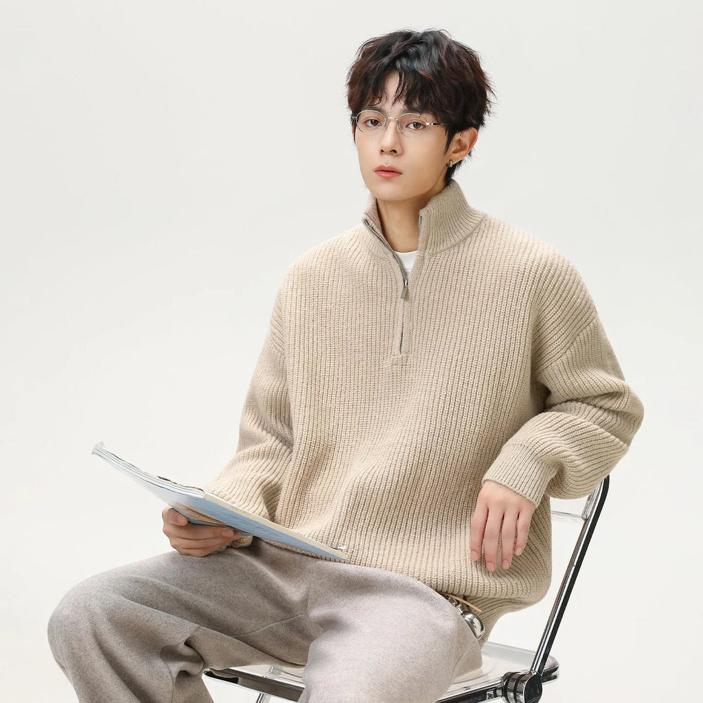 Men's stand collar pullover sweater in imitation deer plush, loose fit, available in four colours and sizes M-XXL.