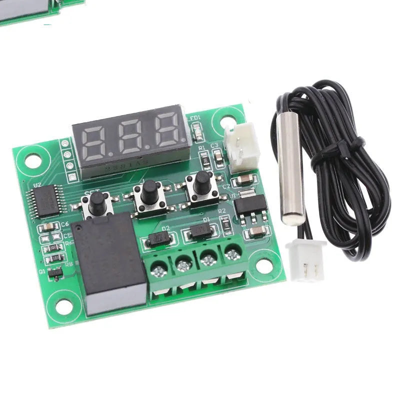 W1209 digital display thermostat with acrylic shell showing blue light indicators