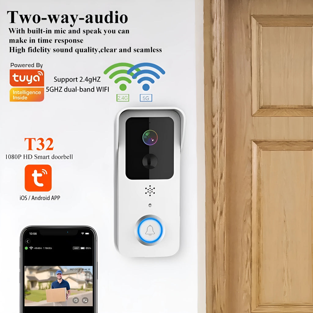 Smart waterproof HD visual doorbell intercom for front door security with rechargeable battery.