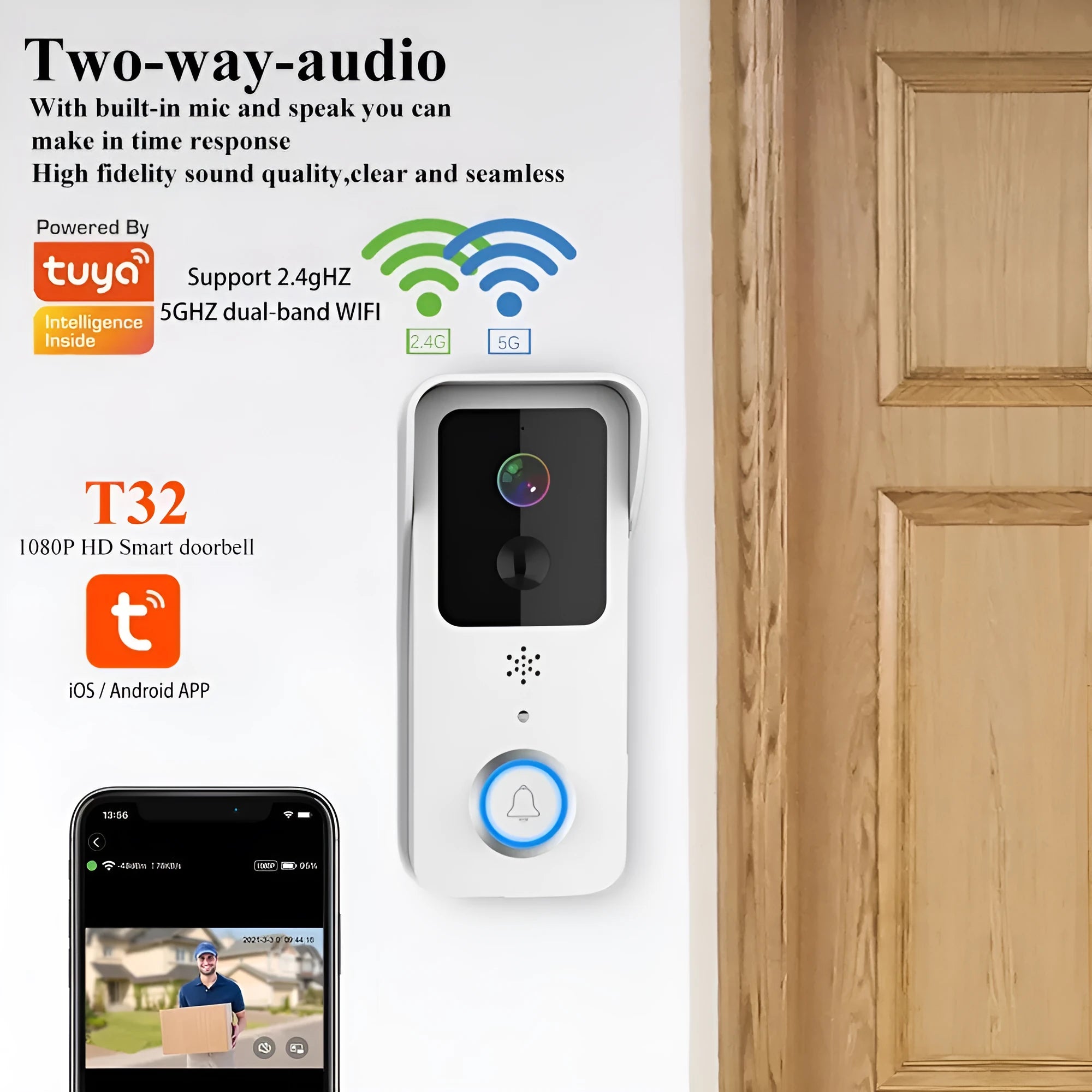 Smart waterproof HD visual doorbell intercom for front door security with rechargeable battery.