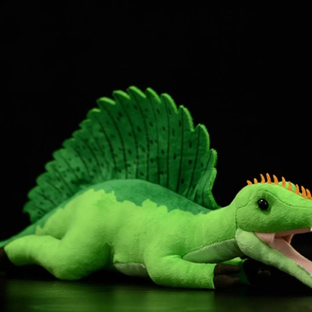 Green Spinosaurus simulation plush doll 45cm long from mouth to tail on plain background