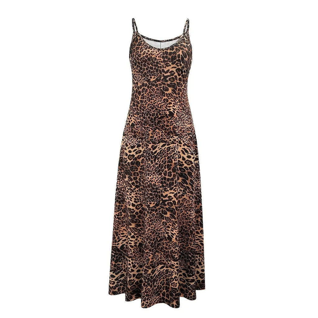 Dark brown leopard print dress with sleeveless round neck and sling style shoulder straps