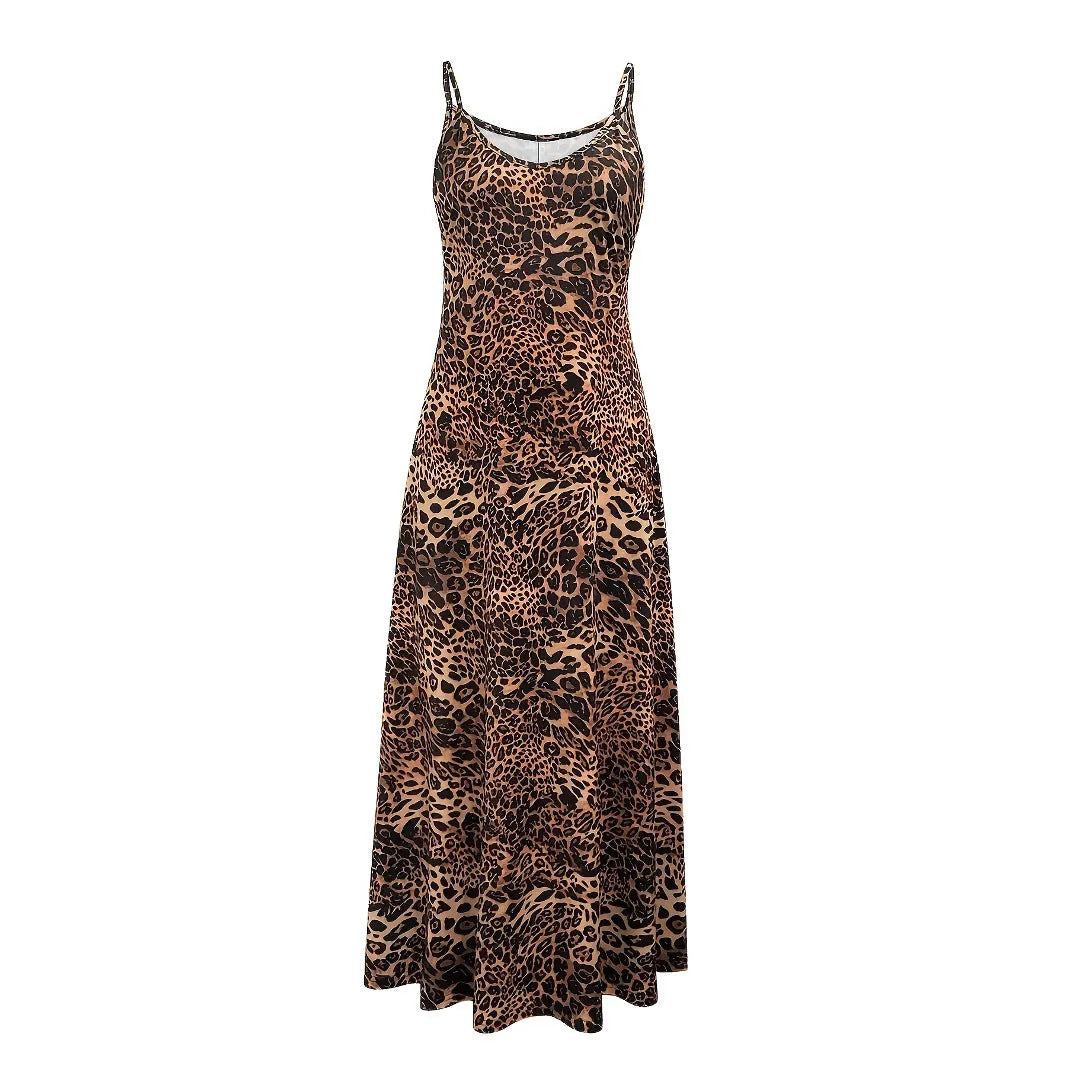 Dark brown leopard print dress with sleeveless round neck and sling style shoulder straps