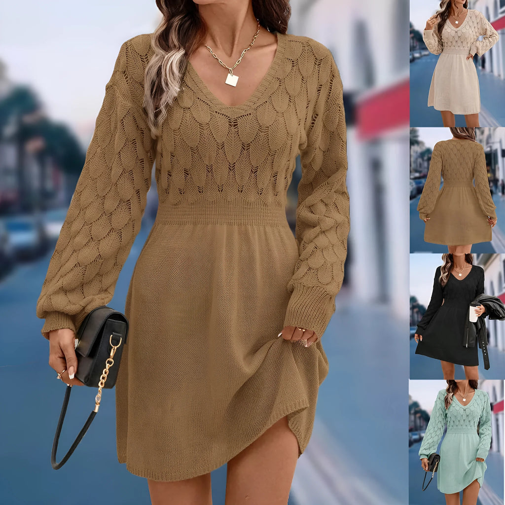 Women's apricot v-neck long sleeve dress with a high waist and a textured 3D artistic pattern.