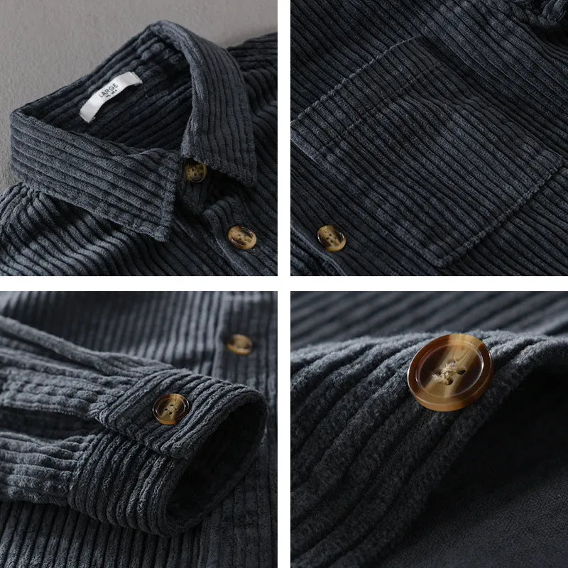 Men's cotton corduroy long sleeve button shirt with lapel collar and chest pocket in khaki, green, or gray blue.