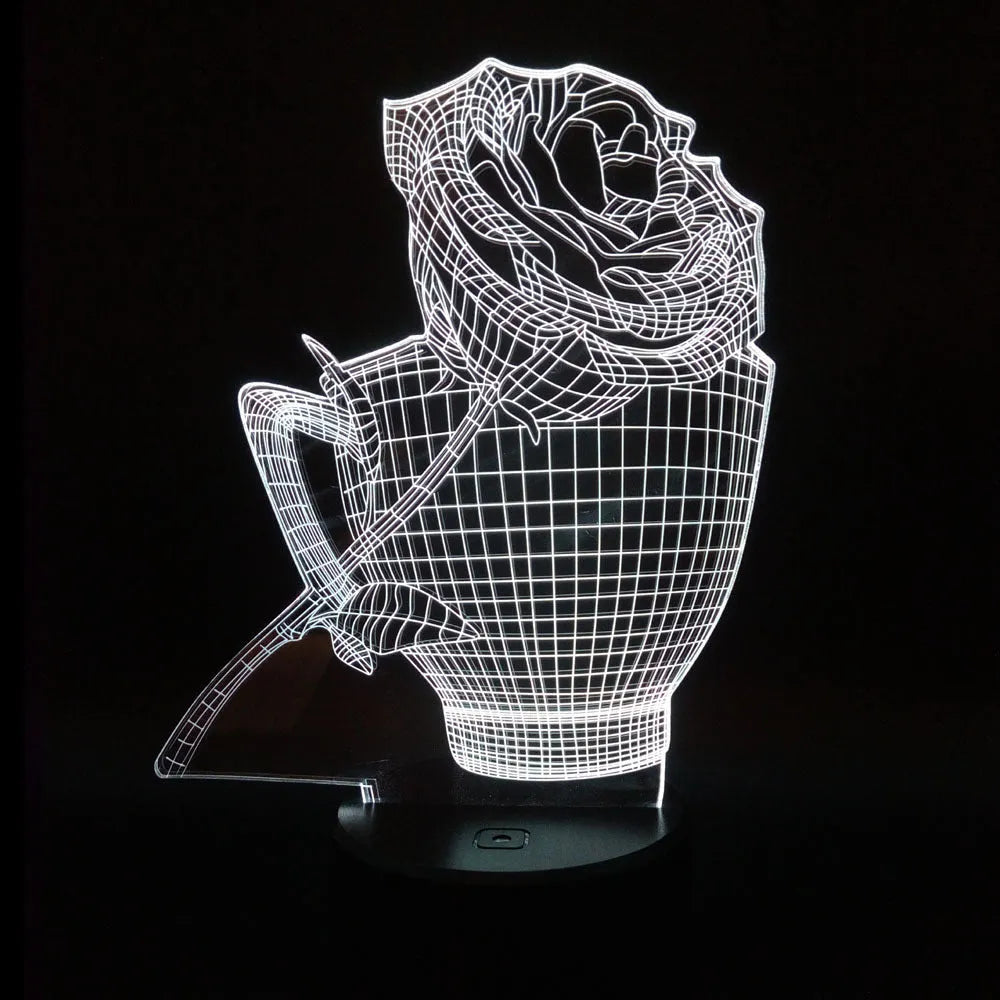 3D rose flower design LED night light on a black ABS base with USB cable and remote control.
