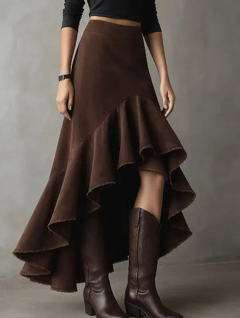 Brown women's maxi skirt with high-low hem and front ruffle detail