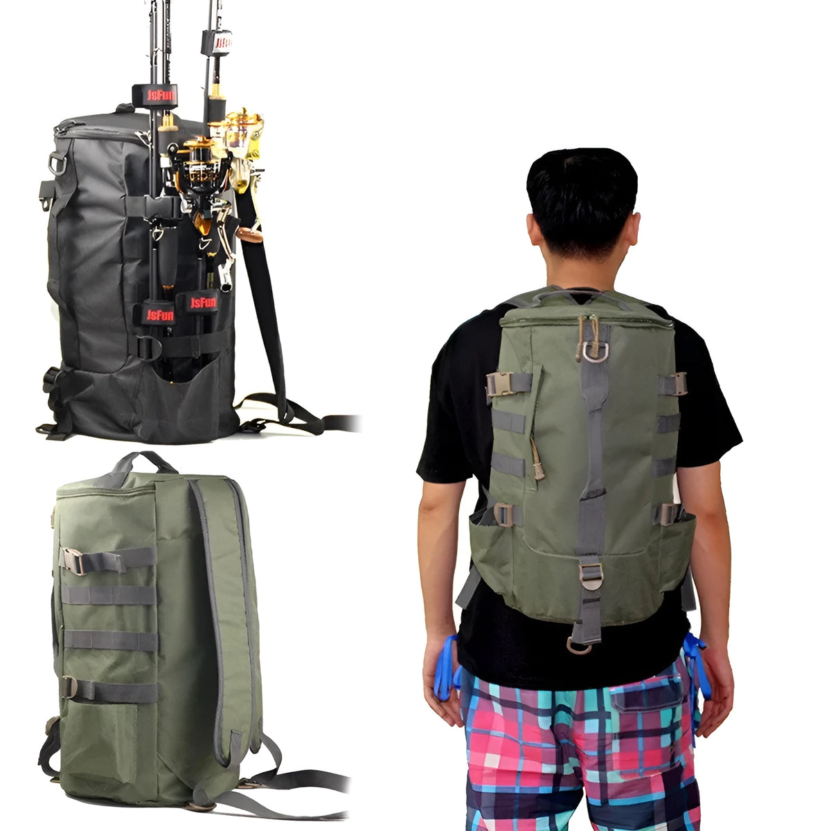 Multi-functional nylon fishing storage rod bag for bait, line, rod and reel in black or army green