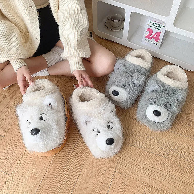 Grey and white plush ankle wrap cotton slippers with insulated artificial wool lining.