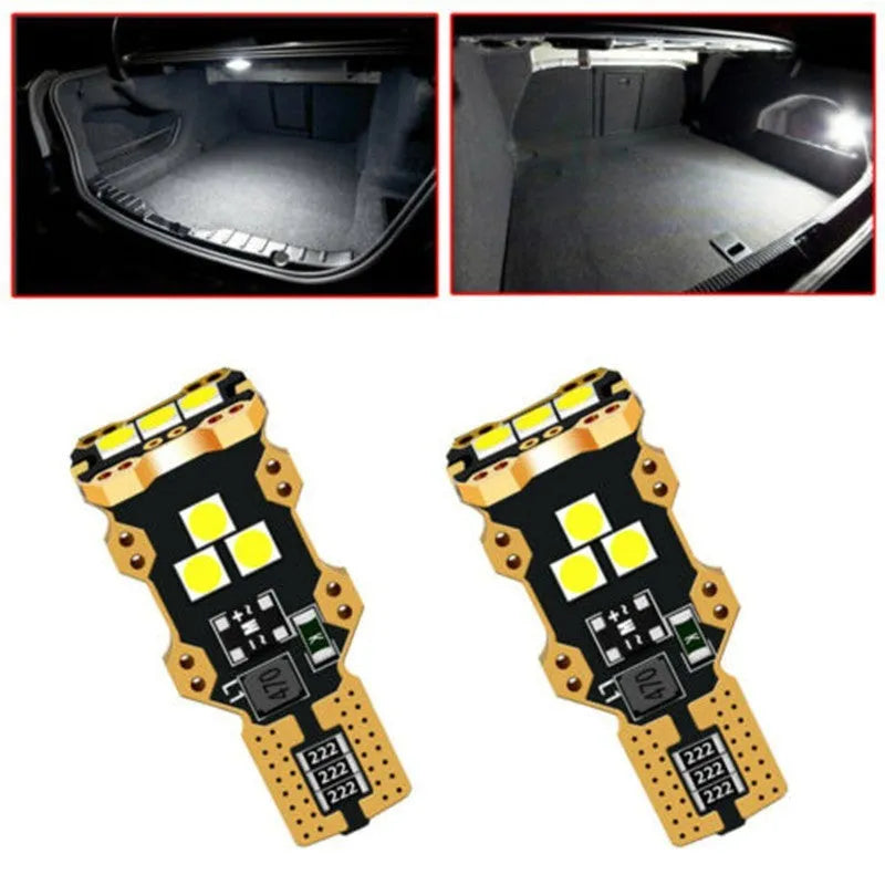 Single T15 format car reverse light bulb with white light and PVC housing.