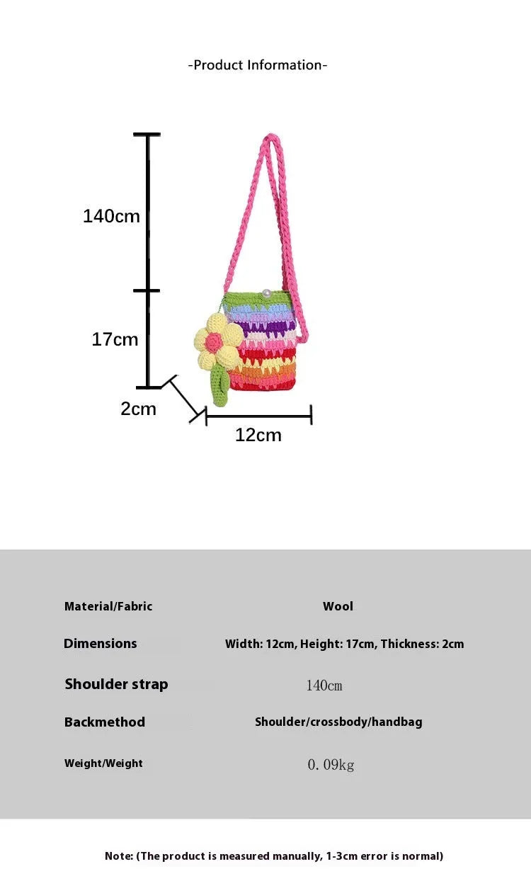 Plush flower pendant shoulder bag for mobile phones in red and pink colour options, showing 12x17cm size.