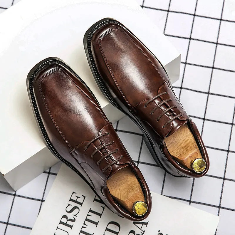 Men's black square toe business casual shoes with artificial PU leather upper and rubber sole