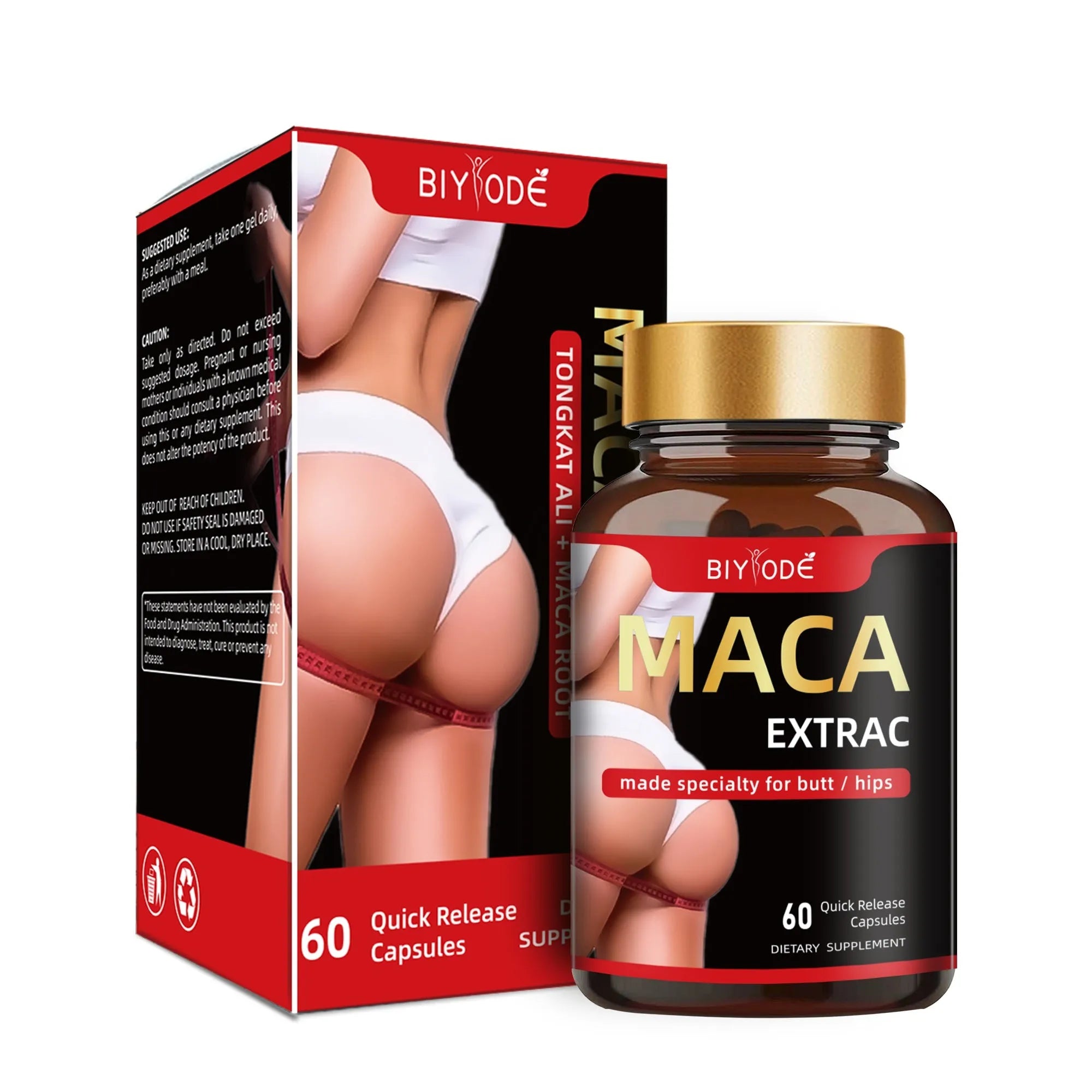 Bottle of maca root capsules for hip and butt enlargement 60 capsules per bottle herbal supplement