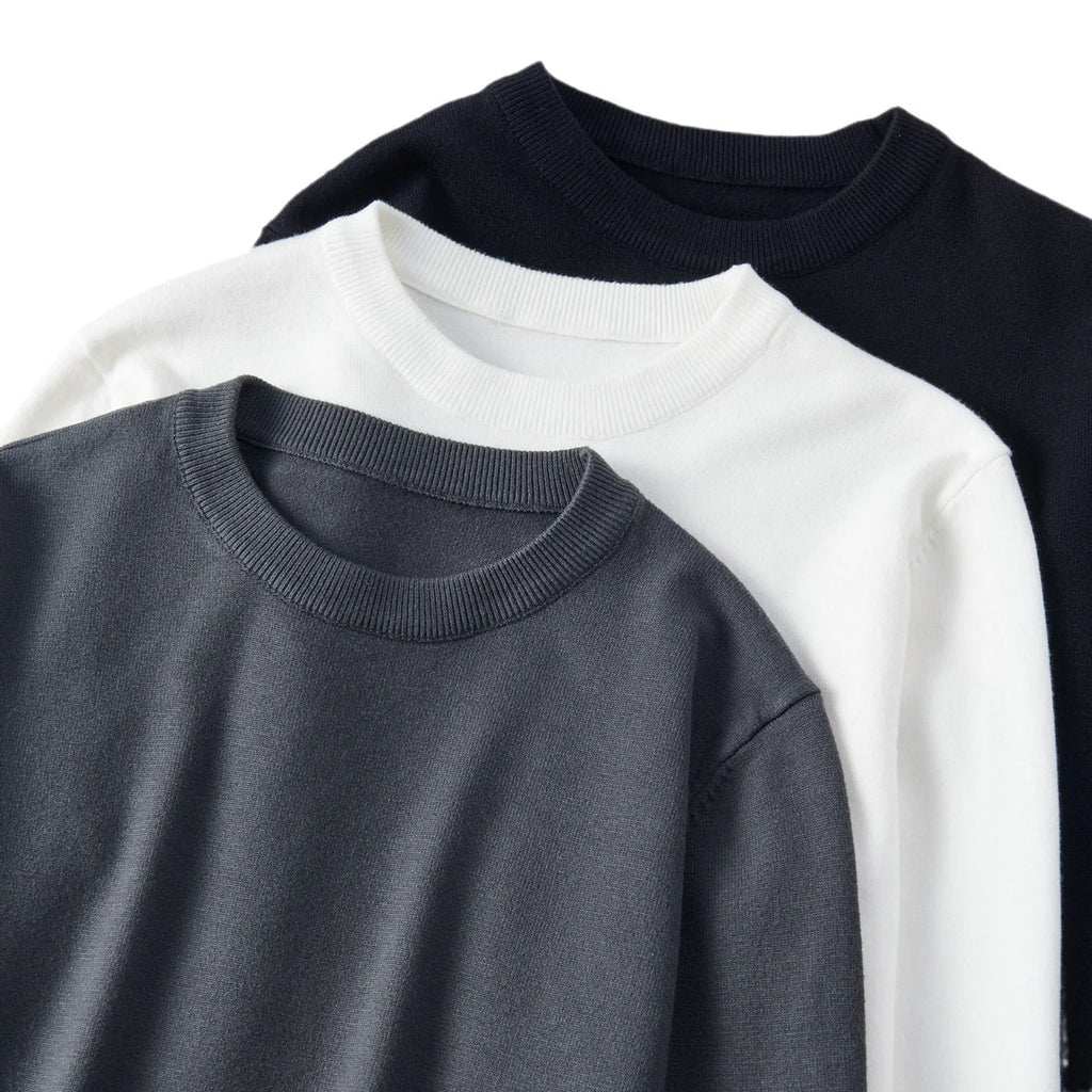 Men's modal knitted round neck pullover sweater in black, loose fit, long sleeve