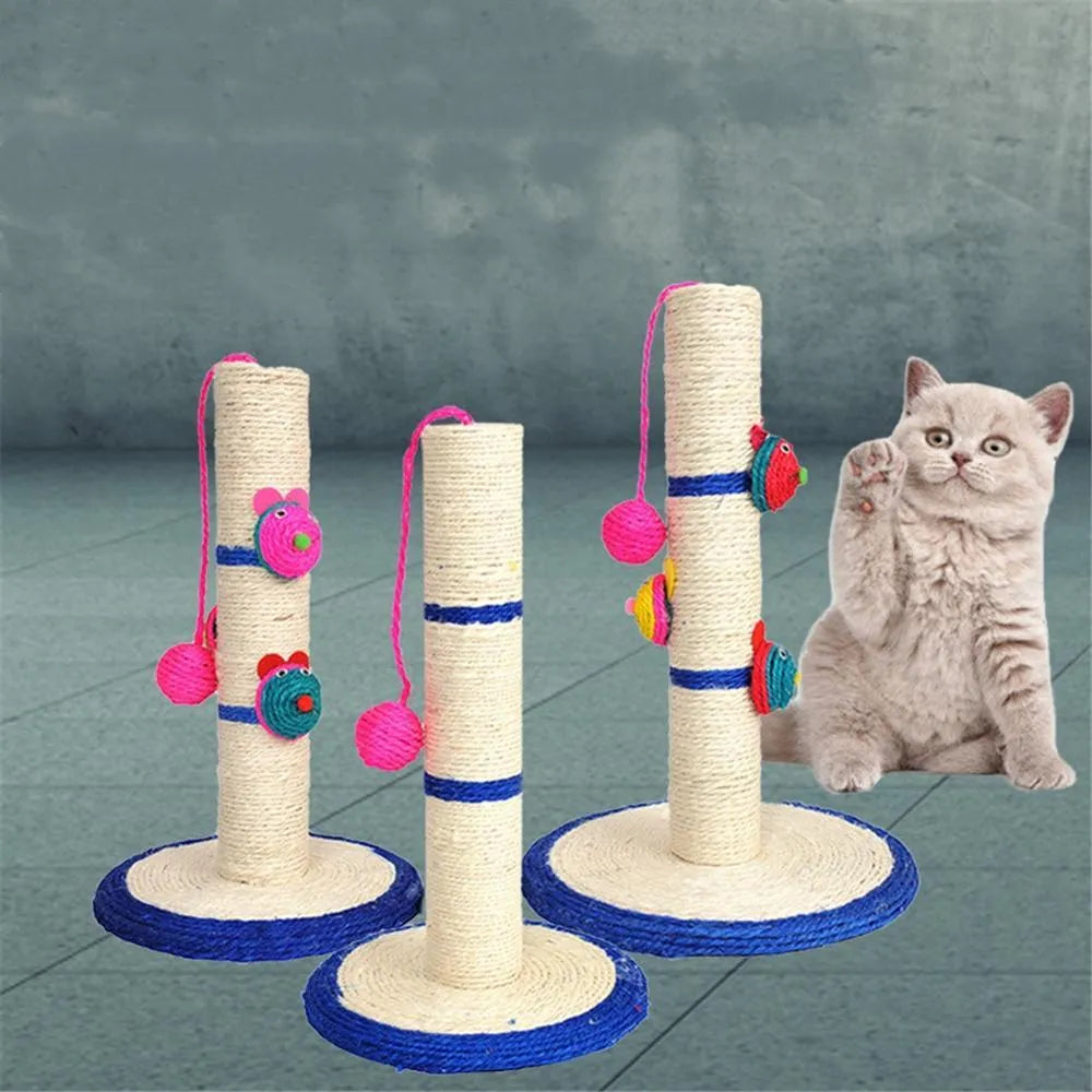 Blue sisal cat scratching post with round base and tall cylinder on a wooden floor