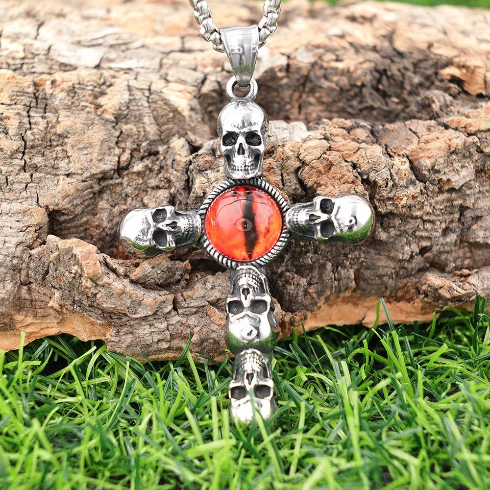 Stainless steel skull red eye cross polished pendant necklace with 60cm square pearl style chain