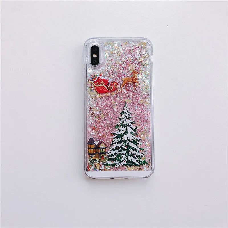 Christmas quicksand design phone case showing Santa Claus and tree patterns through transparent layers