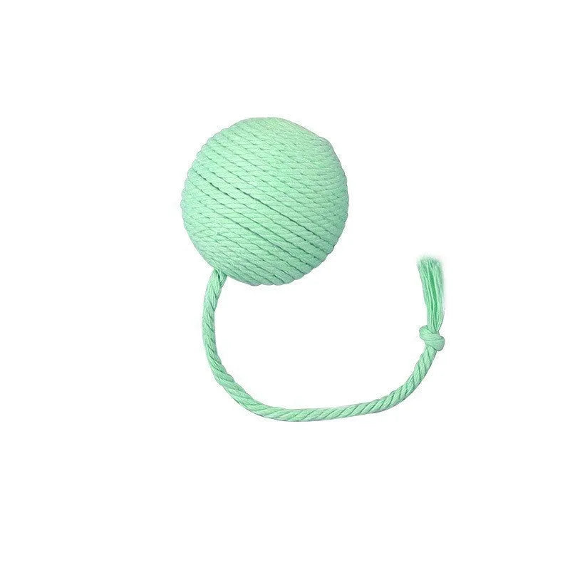 Colourful cat toy ball with an attached rope and built-in bell for kittens, shown in green, pink, purple, and yellow.