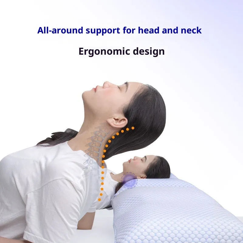 Household cervical memory foam pillow 63x36x13.5cm in medium molecule air layer white and blue finish