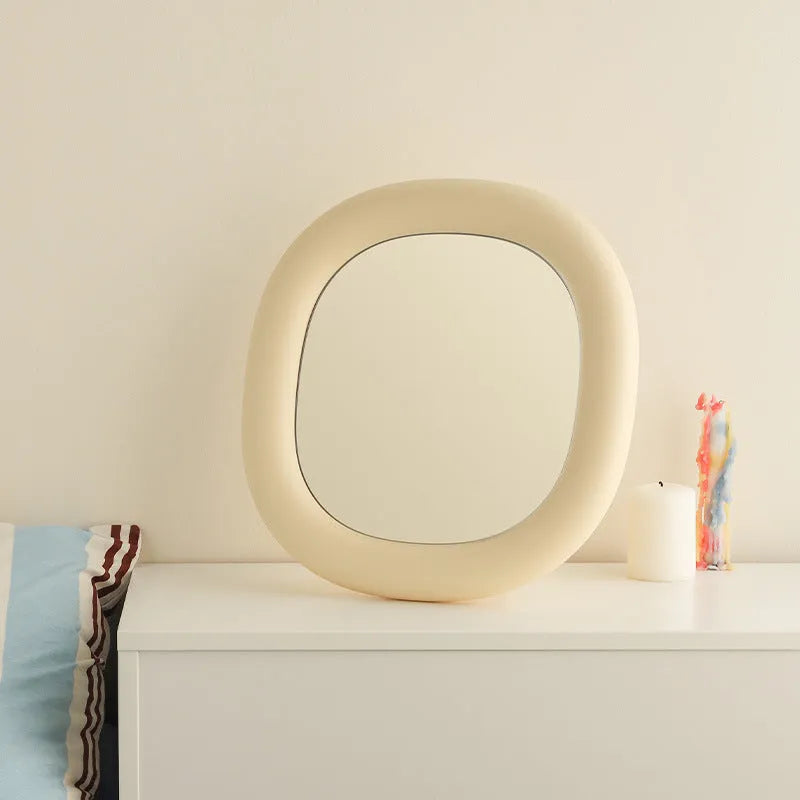 Desktop bubble mirror with high-definition aluminium lens in cream yellow colour, 322mm x 340.5mm, white backing