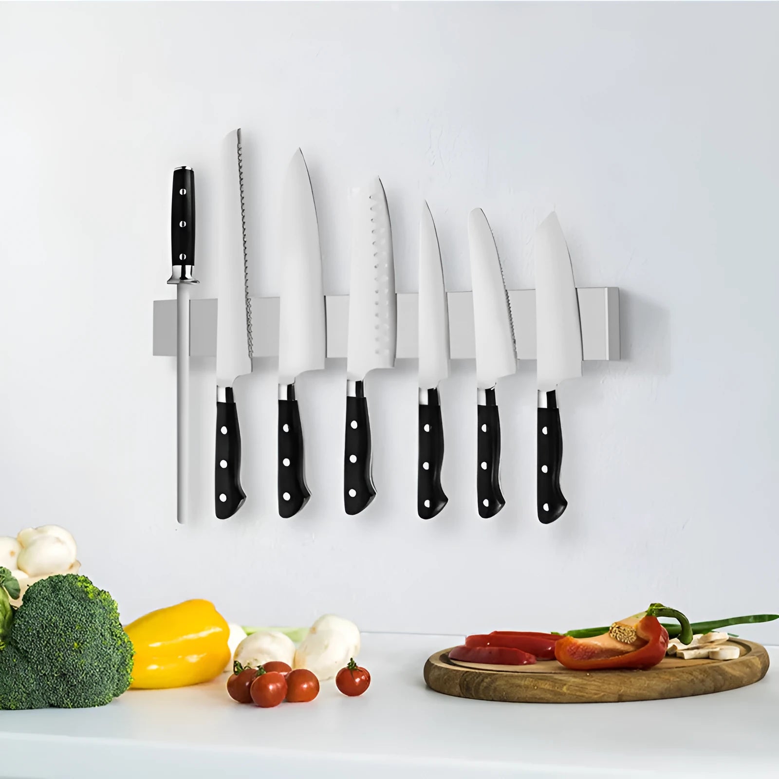 Stainless steel wall-mounted kitchen knife storage rack on a tiled wall