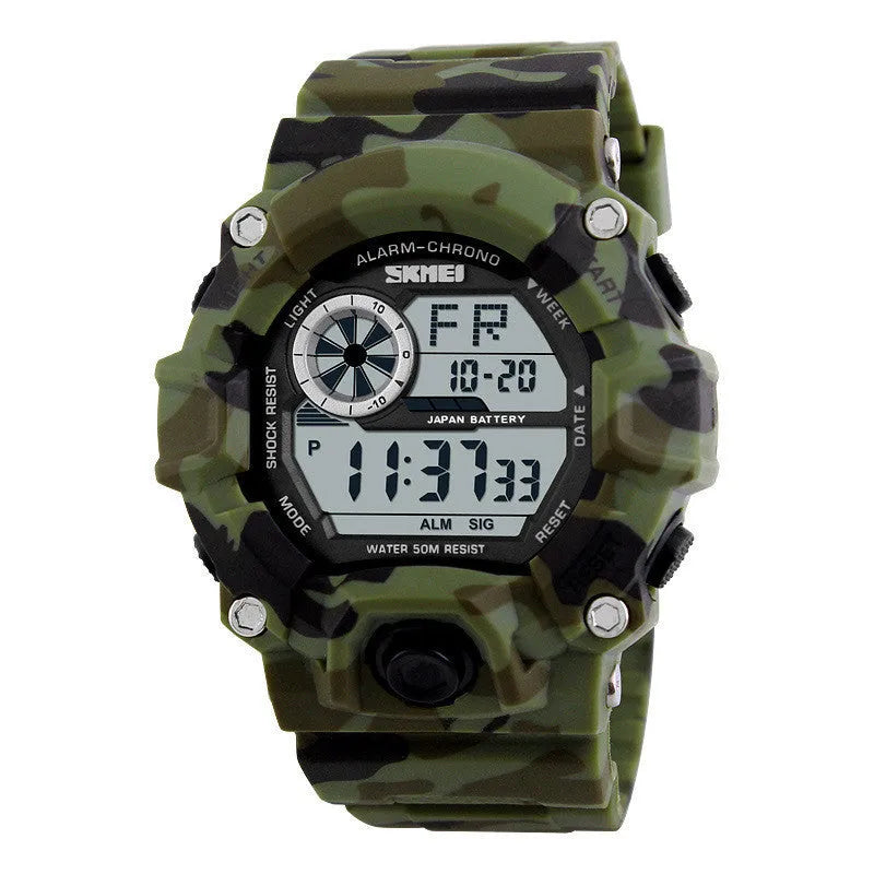 Digital sport watch with round dial, plastic strap, showing GMT display, in army green colour option.