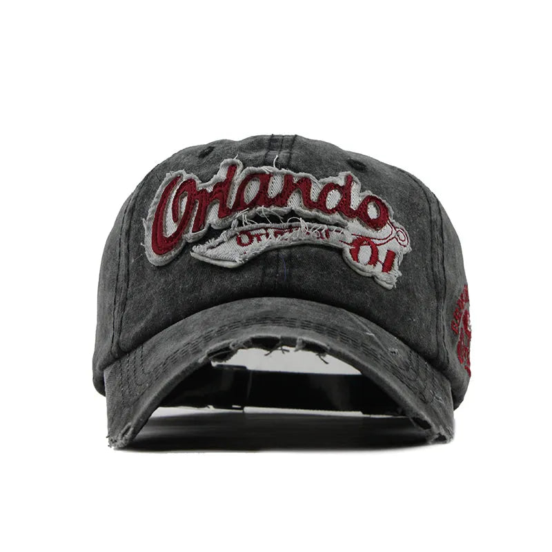 Cotton washed letter hat cowboy retro baseball cap in black, khaki, navy, and red with adjustable strap