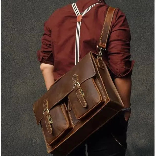 Top cowhide leather computer crossbody bag in business style with anti-theft function