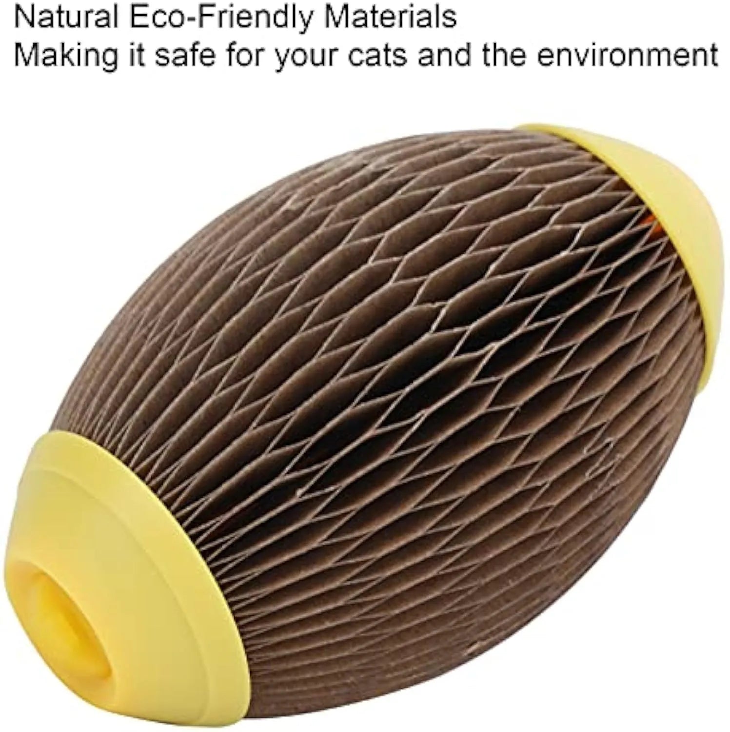 Ellipse shaped corrugated paper catnip ball scratch toy measuring 65mm by 108mm