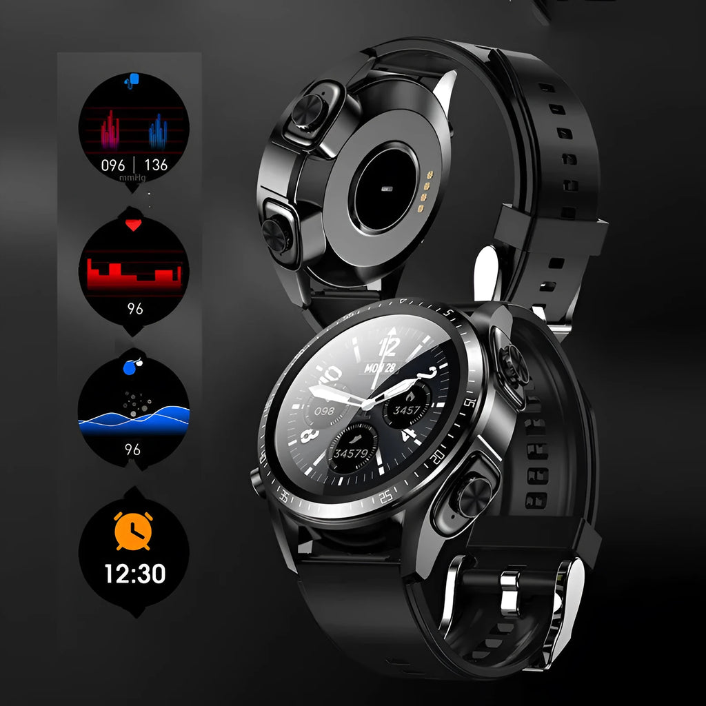 Black smart watch with silicone strap displaying blood pressure and oxygen data on its 1.28-inch screen.