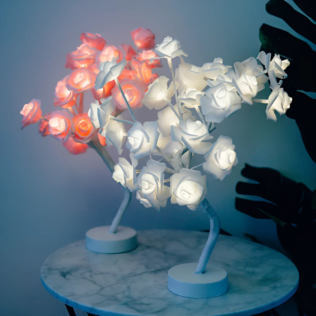 White and red PE cotton rose flower lamp with warm white LED lights on a table, with battery and USB power options.