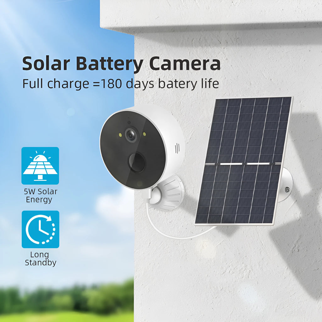 Outdoor security camera with separate solar panel on a wall mount for garden surveillance.