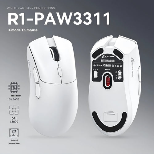 Attack Shark wireless gaming mouse in black, red or white with three connectivity modes