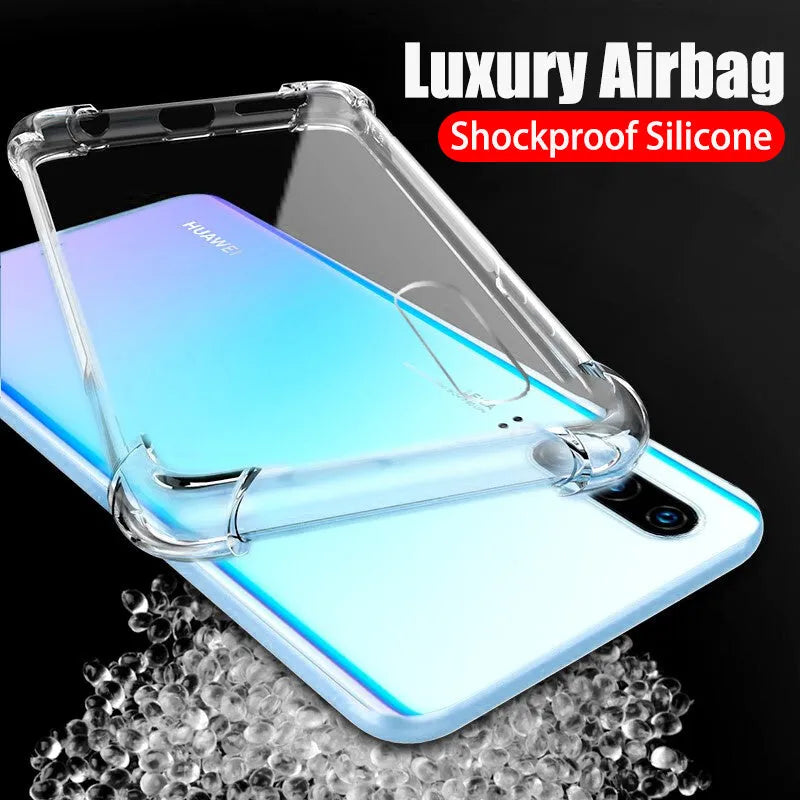 Transparent TPU phone case for Huawei and Honor phones showing airbag anti-fall protection design.