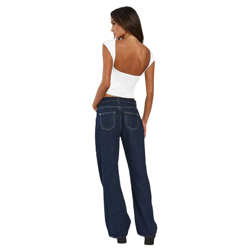 White women's backless round-neck top with slim fit and medium elasticity polyester fabric