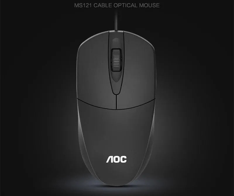 Black AOC-MS121 wired USB optical mouse on a desk for office use