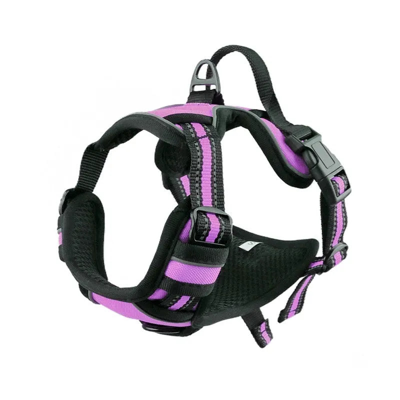Adjustable dog chest strap harness in Oxford cloth, shown in various colours and sizes.