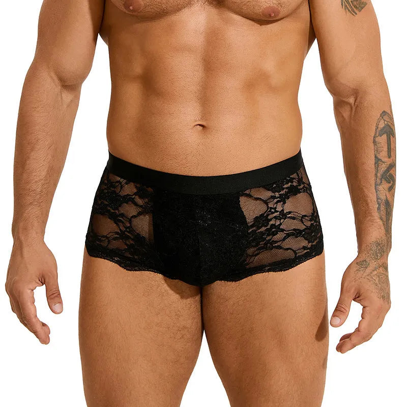 Men's black nylon lace briefs with hollow out see-through design