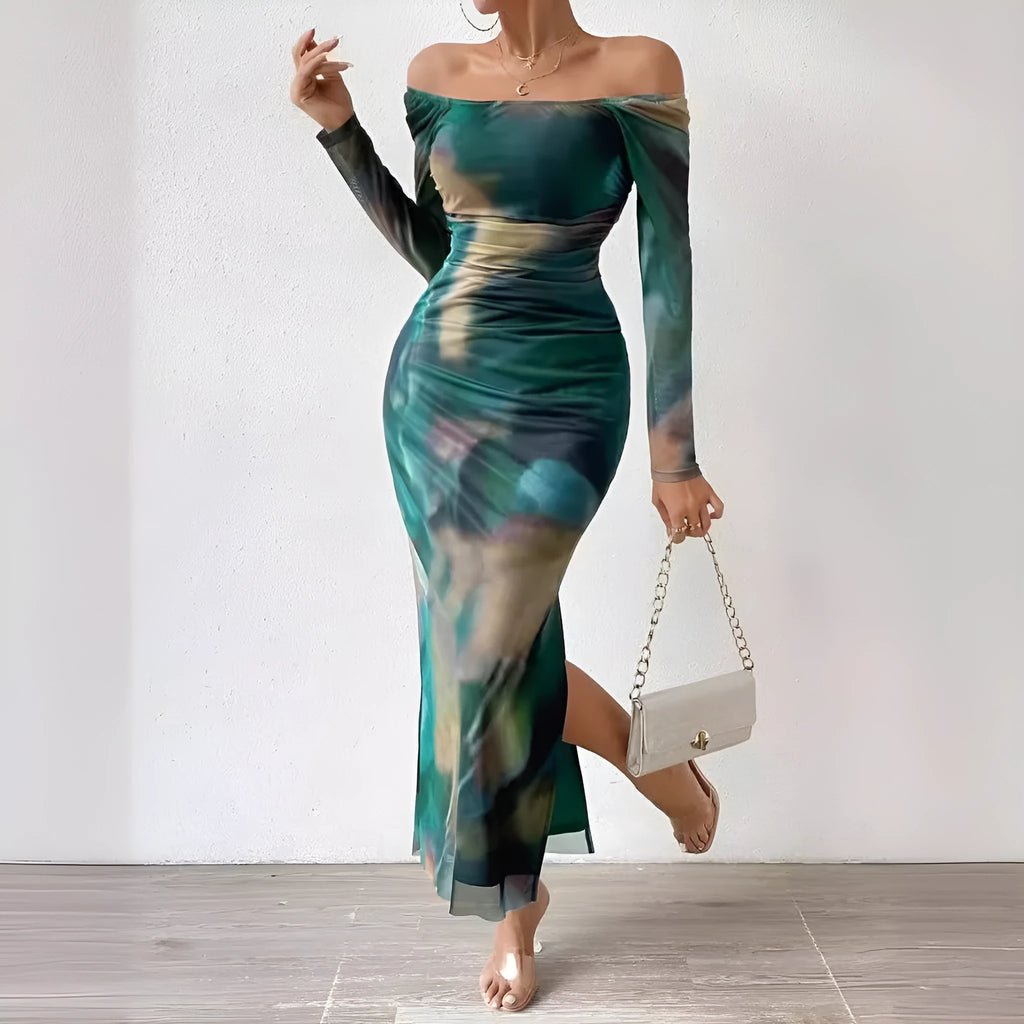 Women's printed mesh fishtail dress with gradient colour pleats and square collar