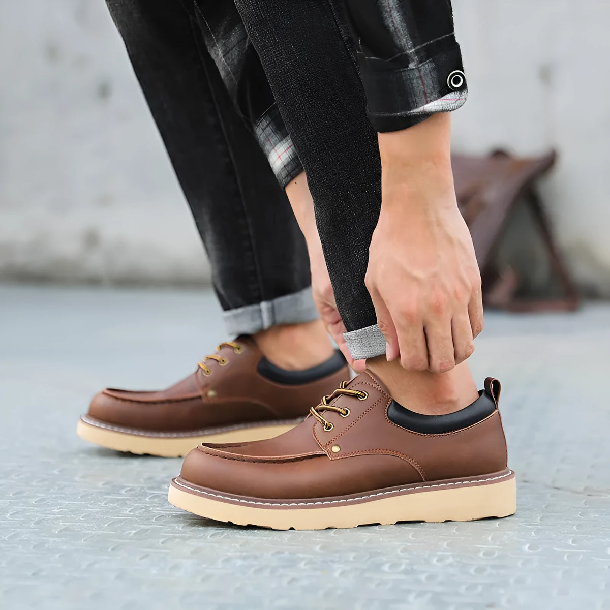 Men's genuine leather low-top Martin boots in Beeswax Brown with round toe and front lace-up closure
