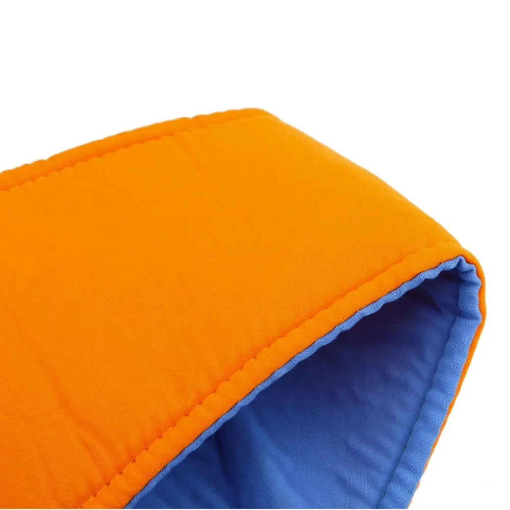 Baby toddler walking harness in orange and blue with adjustable strap and plastic locks