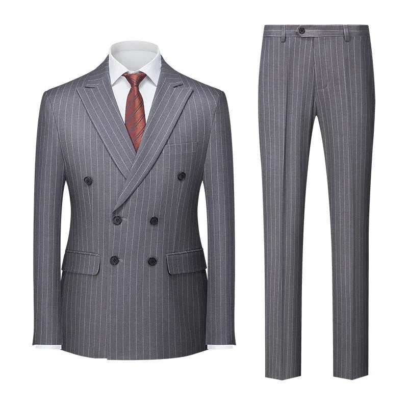 Men's slim fit double-breasted suit jacket and trousers in a choice of six colours.