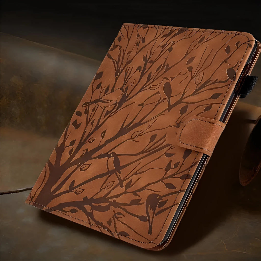 Imitation leather protective case with stand for a tablet, shown in black.